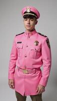 A man dressed in a pink gay cop uniform costume photo