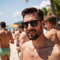 A handsome bearded man in sunglasses at a summer beach party next to a gay nightclub photo