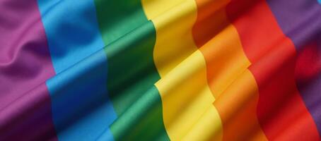 Closeup of a highresolution rainbow flag made from satin fabric with intricate folds and creases symbolizing LGBTQ pride and diversity photo