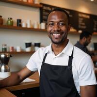 A portrait showcases a happy AfricanAmerican barista in uniform serving coffee with a smile photo