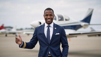 Cartoon image Black AfricanAmerican pilot in military aviation uniform sporting a smile photo