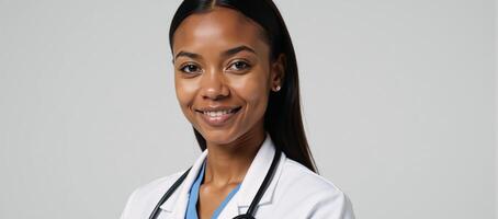 Portrait of an AfricanAmerican female doctor working alone against a plain white backdrop photo