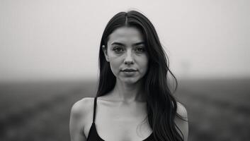 Black white portrait of a modern mulatta beauty gazing confidently at the camera amidst swirling fog photo