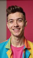A bold minimalist retro image showcases a cheerful young gay man within a studio setting photo