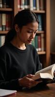 A young African American female student is engrossed in her books amidst the cozy warmth and ambience of a college library photo