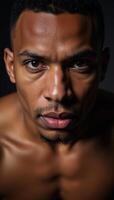 Closeup image African American boxer in portraiture style photo