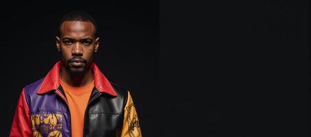 African American man in a bold jacket made from black leather photo