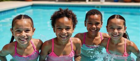 Smiling African American kids play happily in a summertime swimming pool scene joyful carefree photo