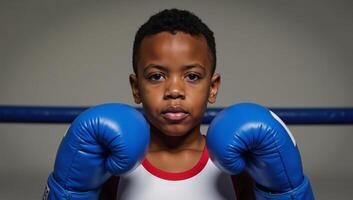 AfricanAmerican boy donning boxing gloves and displaying combat readiness photo