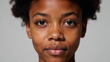 Closeup portrait emphasizing expressive features and vibrant skin tone of young African American person with natural hair photo