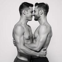 Rendering of an intimate gay couple with strong bond set against a clean background photo