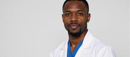A serious African American doctor donning a pristine white coat photo