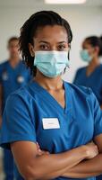 A confident African American woman wearing a mask and uniform stands before a blurry hospital backdrop with colleagues photo