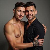 Dynamic gay couple portrait with realistic highquality imagery and cinematic lighting effects photo