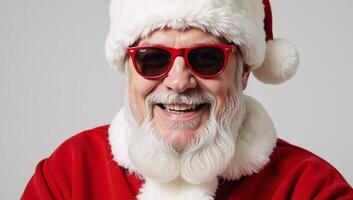 Traditionalstyle square photo featuring a cheerful gay Santa Claus wearing red and sporting sunglasses