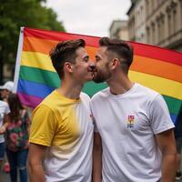 Male couple kissed under a rainbow flag during Pride Festival celebrations photo