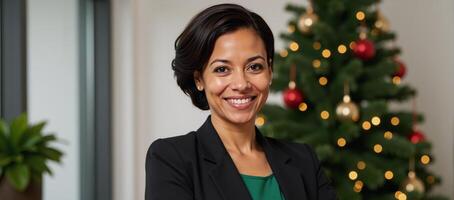 Serene MiddleAged Businesswoman at Office by Christmas Tree photo