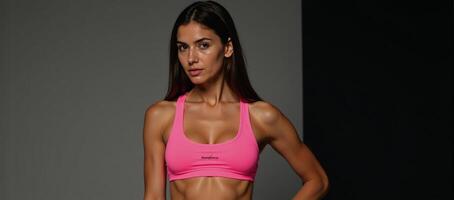 Subject is a woman sporting a bright pink workout attire neon pink sports bra photo