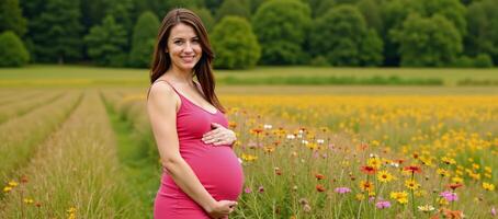 Pregnant woman standing amidst a beautiful natural scene Maternity Nature photo