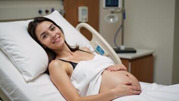 Modern expectant mother reclining comfortably on a hospital bed photo