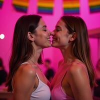 Art depicting tender moment between two adorable loving lesbian couples amidst vibrant Neon Pink backdrop symbolizing LGBT pride photo