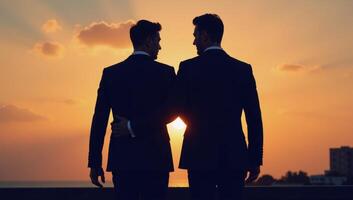 Digital painting showcases an elegant gay couple in love strolling at sunset with soft white indigo brushstrokes photo