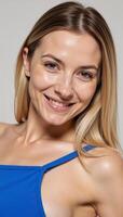 A woman poses provocatively in a blue bra for a closeup highdefinition flash photo focusing on her facial features body contours and lingerie