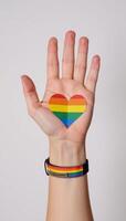 A hand wearing an LGBTQ Pride rainbowwristed band is shown against a backdrop of a heart shaped rainbow flag symbolizing Gay Pride photo