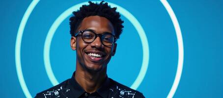 A stylish cyberinspired portrait of a young African American man wearing glasses against a blue backdrop embodying a sense of technological prowess and the future photo