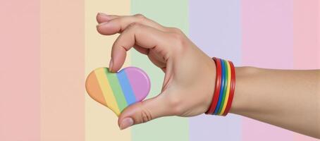 A hand wearing an LGBTQ Pride rainbowwristed band is shown against a backdrop of a heart shaped rainbow flag symbolizing Gay Pride photo