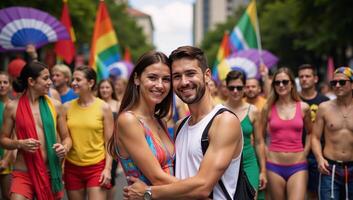 Happy couple celebrating LGBTQ pride parade in Sao Paulo during Pride month embodying love and diversity within the community photo