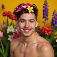 A vibrant portrait celebrates identity through an image of a young gay man with bold makeup floral hair arrangement surrounded by colorful spring blooms photo
