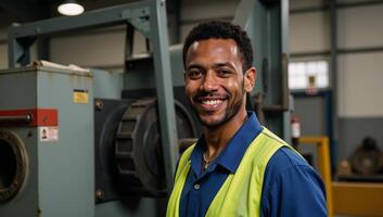 Portrait showcases an empowered African American factory worker amidst machinery with natural light highlighting authenticity and professionalism photo