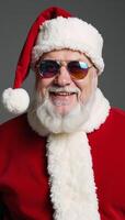 Portrait of a cheerful rainbowspectacled Gay Santa in holiday attire Red HatCoat photo