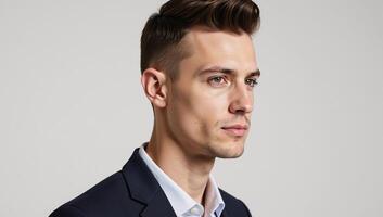 Closeup portrait of a man with an emphasis on his face showcasing a prominent jawline and defined features suggestive of a masculine gay individual photo