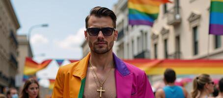 Gay Christian Priest poses amid Pride Parade crowd sporting a golden cross backless underpants glasses and waving pride flag in 4K UltraHigh Resolution photo