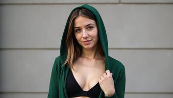 A girl donning a green hoodie and black bra is the subject of focus photo