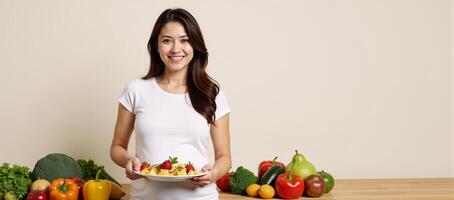 Pregnant woman showcasing healthful eating with abundant fruits and veggies representing nutrition and maternal strength photo