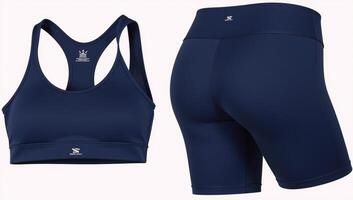Navy sports bra shorts set with emphasis on functionality and comfort for fitness enthusiasts photographed against a clean white backdrop photo