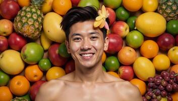 A colorful joyous portrait showcases a young expressive Asian gay man with fruit bouquets in his hair and bright makeup set against a lush tropical background photo