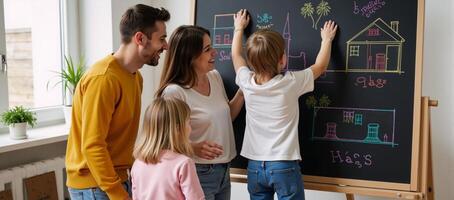 A heartwarming depiction of a gay family excitedly planning their new home on a blackboard Generative photo