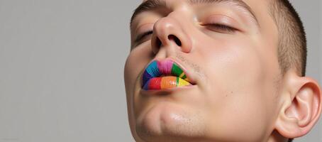 A man sporting vibrant colorful lips depicted in a closeup shot representing either Pride or LGBTQ themes photo