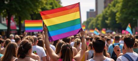 A vibrant and inclusive celebration of LGBTQ pride featuring an array of colorful individuals waving the rainbow flag at a diverse gradatedhued pride parade photo