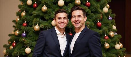 Portrait of joyful LGBTQ couple amidst festive Christmas tree backdrop photo