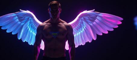 Mystical Winged Figure Muscled Angel with Glowing Neon Wings Gay Symbol No Background photo