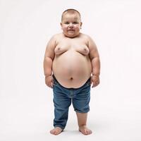 Obeseoverweight child or boy posed solo against a white backdrop shallow focus illustration depicting an unreal subject photo