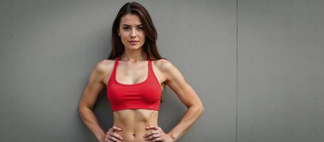 A woman is portrayed in a red sports bra posed against a concrete backdrop photo