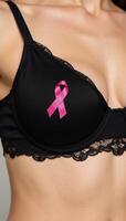 a breast cancer awareness symbol a stylized pink ribbon adorned on a womans bra photo