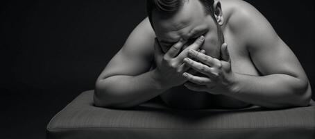 Obese man seated on gray ottoman upset covering face with hands photo