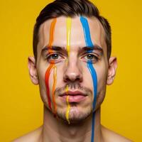 Rainbowpainted man on yellow backdrop A celebration of Pride through vibrant colors and sensual imagery evoking themes of LGBTQ empowerment and love photo